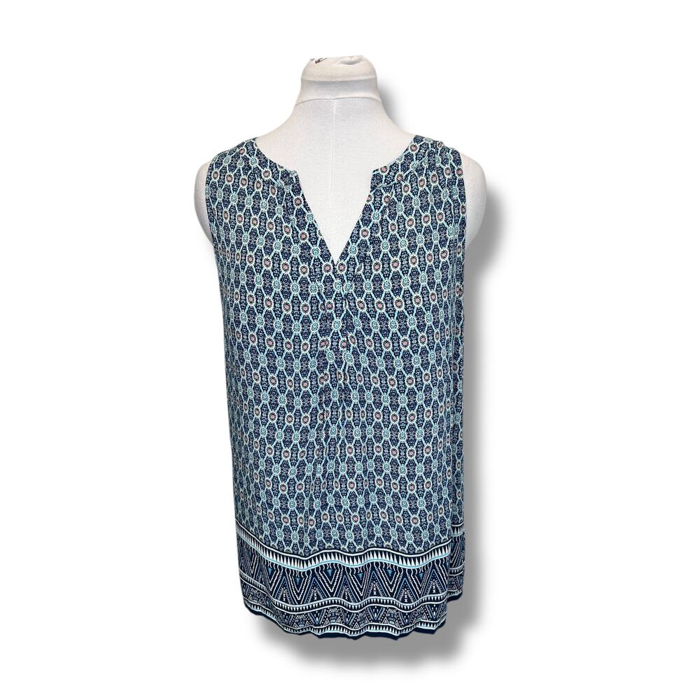 Kenar Women’s Sleeveless Split Neck 2 Button Placket Blouse Geometric Blue XL